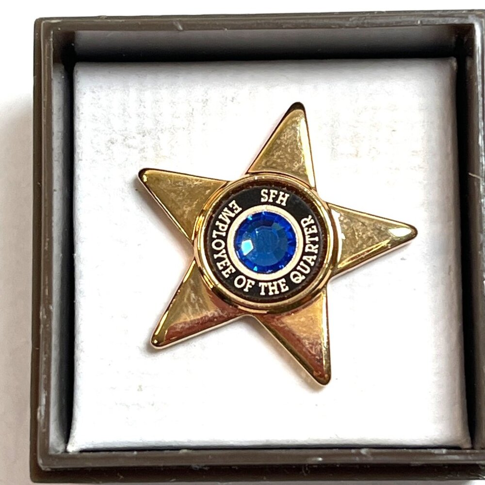 Gold Employee Of The Quarter Star Pin With Blue Gemstone In Display Box